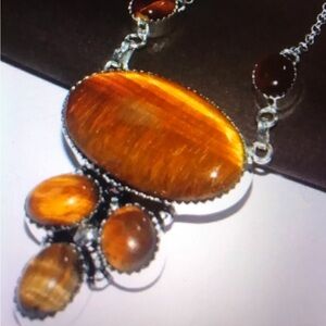 Tiger Eye Garnet Stamped 925 Sterling Silver Necklace